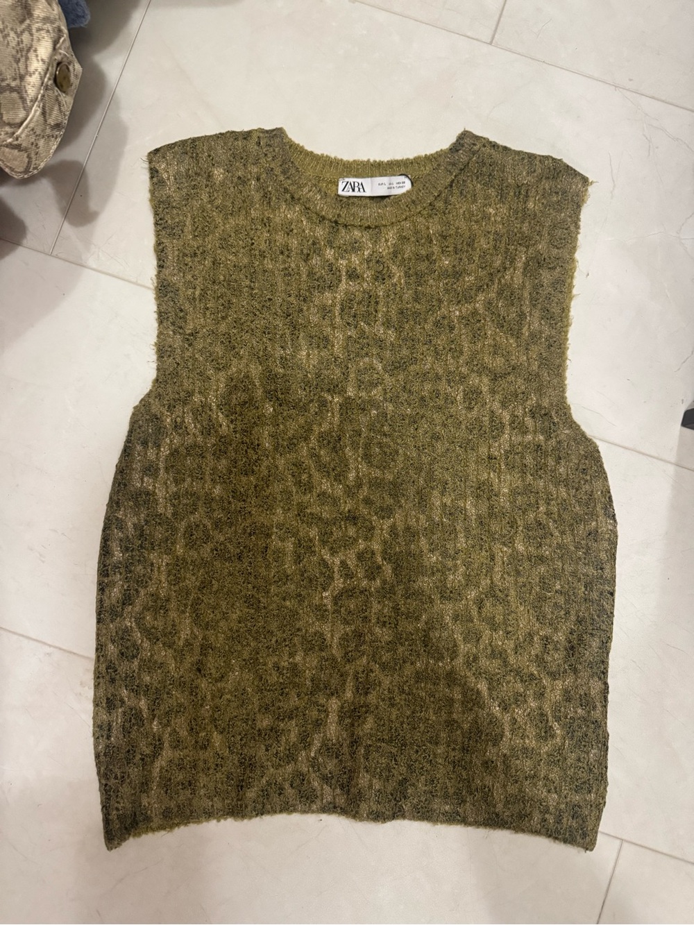 ZARA Olive-Toned Fuzzy Knit Crewneck Sweater